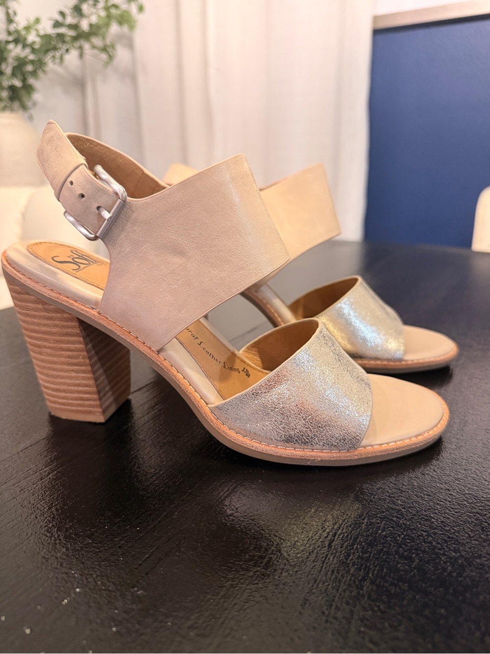 Sofft Two-Tone Nude and Metallic Silver Block Heel Sandals